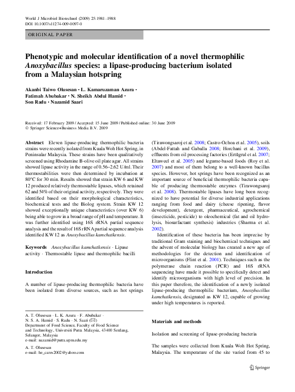 (PDF) Phenotypic and molecular identification of a novel thermophilic ...