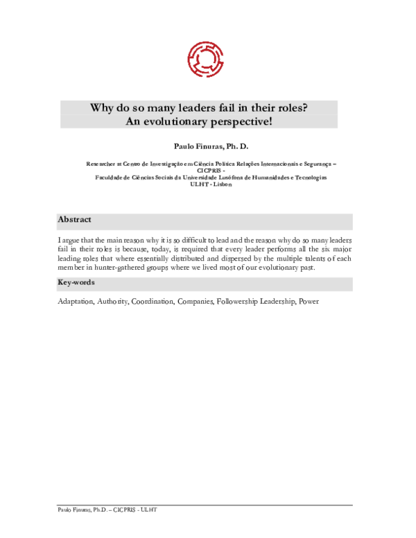 (PDF) Why do so many leaders fail in their roles? An evolutionary view