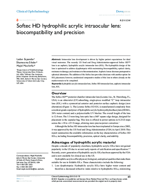 (PDF) Softec HD hydrophilic acrylic intraocular lens: biocompatibility ...