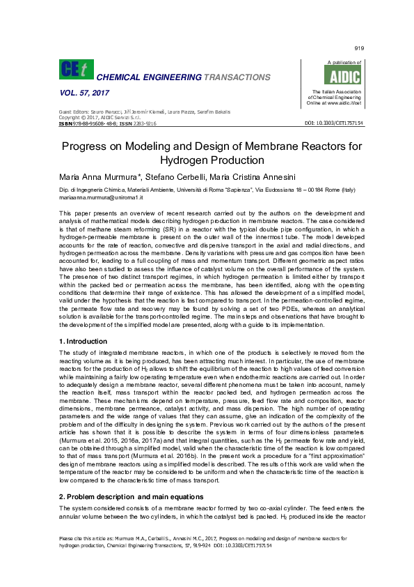 (PDF) Progress on modeling and design of membrane reactors for hydrogen ...
