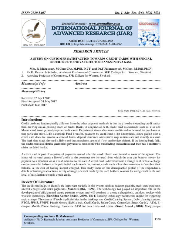 (PDF) A STUDY ON CUSTOMER SATISFACTION TOWARDS CREDIT CARDS WITH