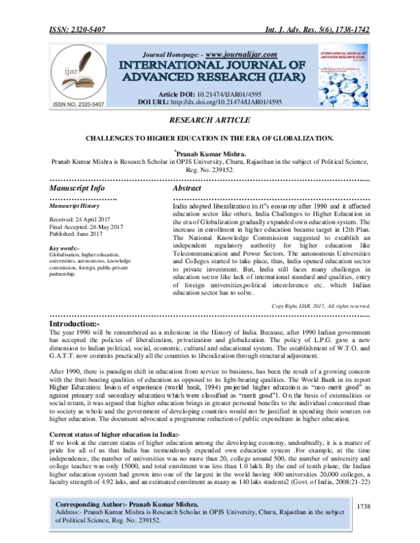 (PDF) CHALLENGES TO HIGHER EDUCATION IN THE ERA OF GLOBALIZATION.