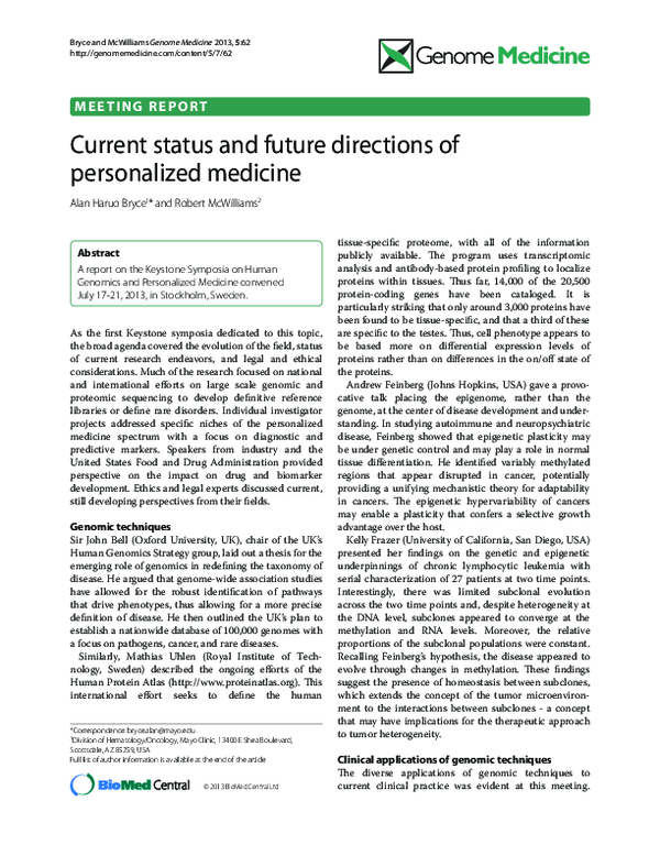 (PDF) Current status and future directions of personalized medicine