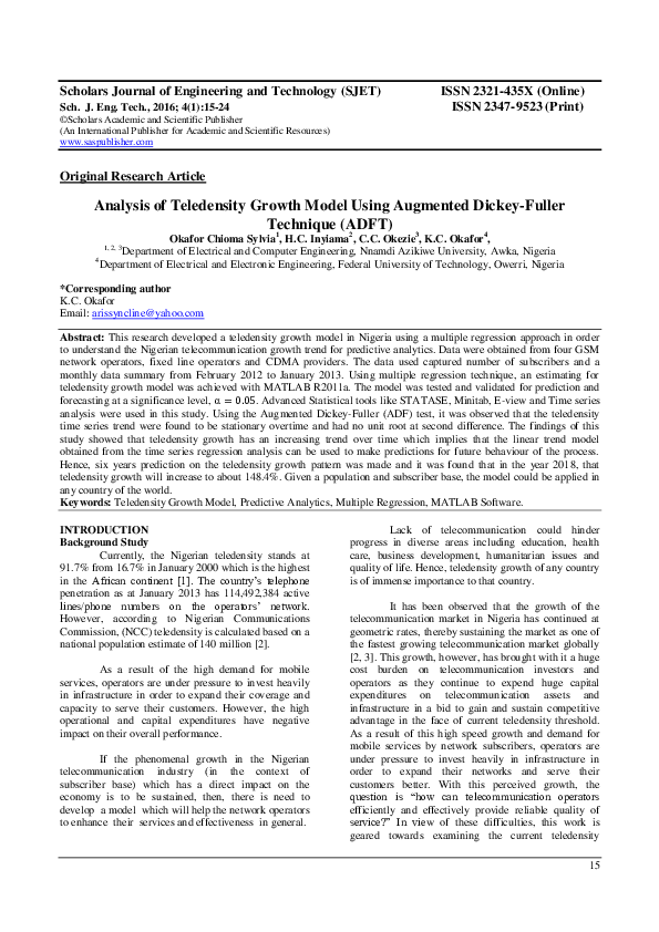 (PDF) Analysis of Teledensity Growth Model Using Augmented Dickey ...