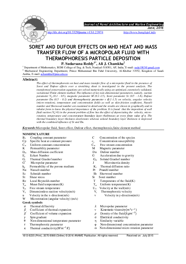 (PDF) Soret and Dufour Effects on MHD Heat and Mass Transfer Flow of a ...