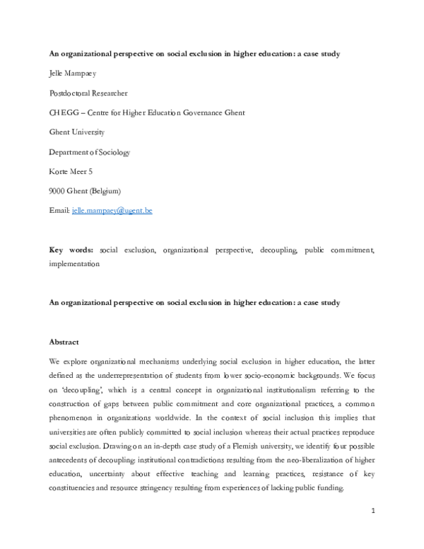 (DOC) An organizational perspective on social exclusion in higher ...