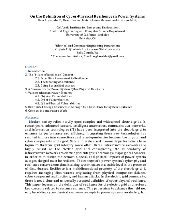 (PDF) On the Definition of Cyber-Physical Resilience in Power Systems