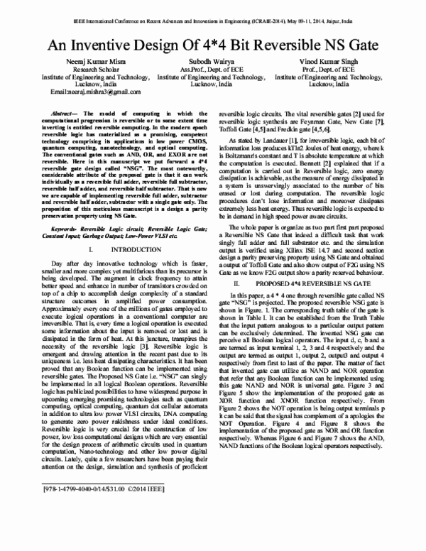 (PDF) An inventive design of 4*4 bit reversible NS gate