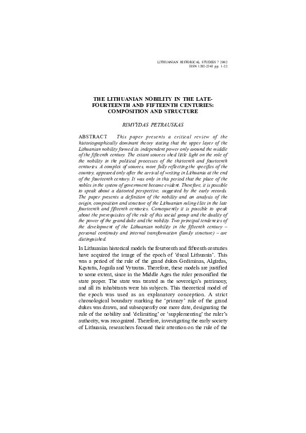 (PDF) THE LITHUANIAN NOBILITY IN THE LATE FOURTEENTH AND FIFTEENTH