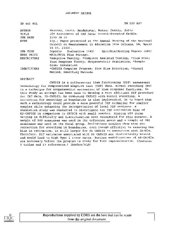(PDF) DIF Assessment of CAT Data: Kernel-Smoothed CATSIB