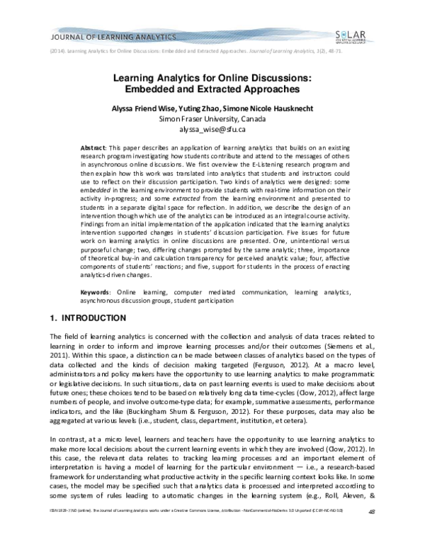 (PDF) Learning Analytics for Online Discussions: Embedded and Extracted ...