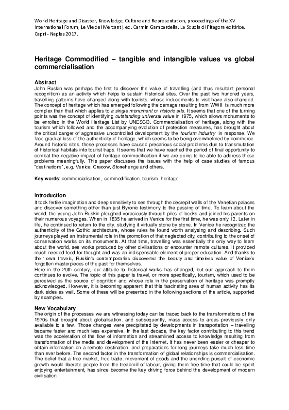 (PDF) Heritage Commodified – tangible and intangible values vs global ...