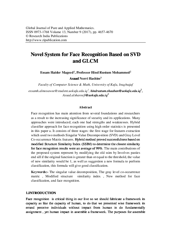 (PDF) Novel System for Face Recognition Based on SVD and GLCM