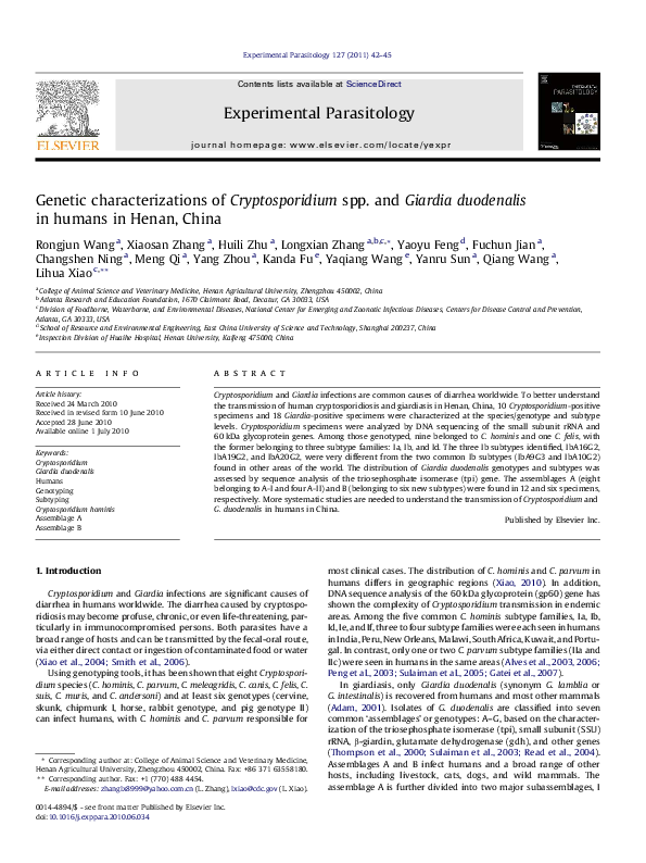 (PDF) Genetic characterizations of Cryptosporidium spp. and Giardia ...