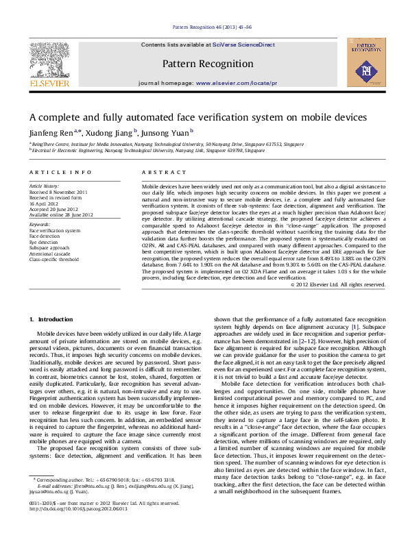 (PDF) A complete and fully automated face verification system on mobile ...