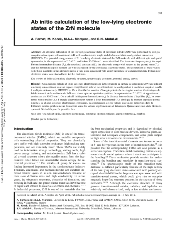 (PDF) Ab initio calculation of the low-lying electronic states of the ...