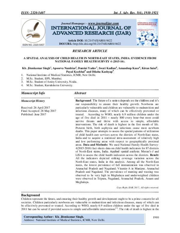 (PDF) A SPATIAL ANALYSIS OF CHILD HEALTH IN NORTH-EAST STATES, INDIA ...