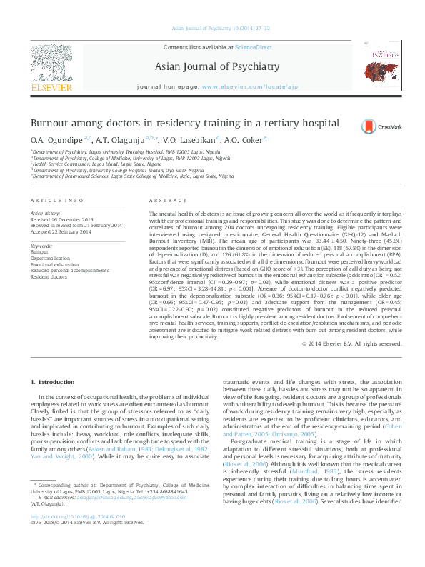 (PDF) Burnout among doctors in residency training in a tertiary hospital