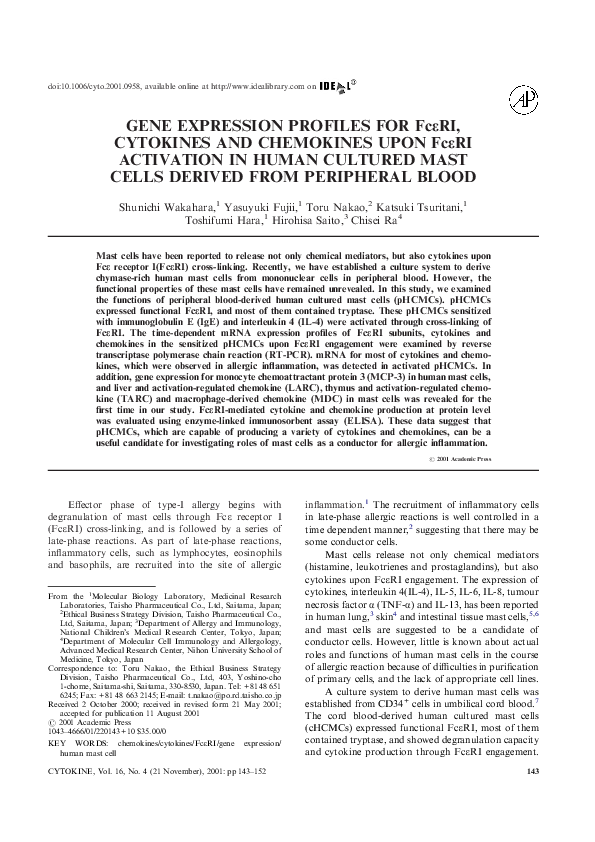 (PDF) GENE EXPRESSION PROFILES FOR FcϵRI, CYTOKINES AND CHEMOKINES UPON ...