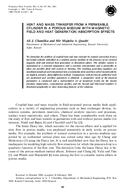 (PDF) HEAT AND MASS TRANSFER FROM A PERMEABLE CYLINDER IN A POROUS ...