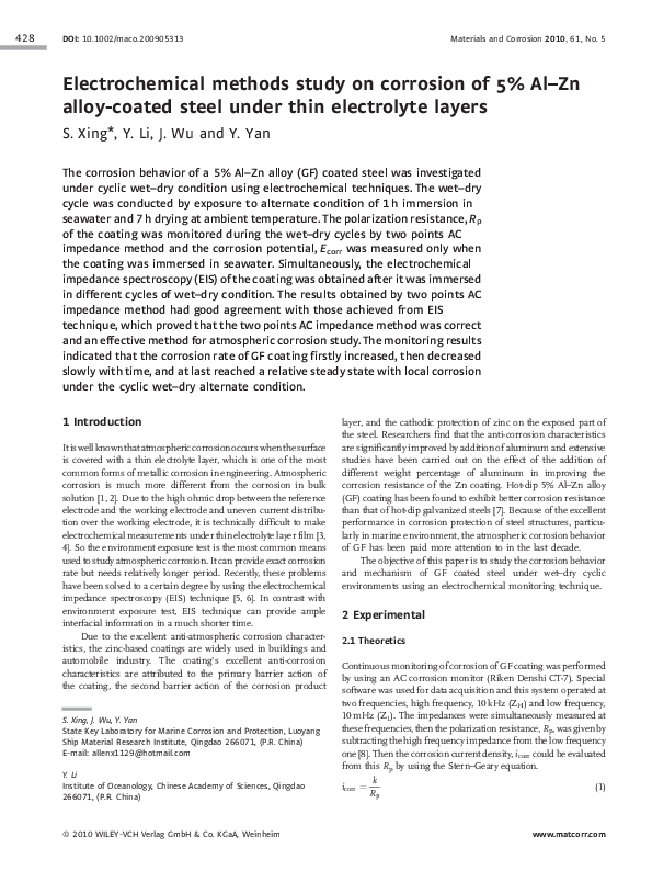 (PDF) Electrochemical methods study on corrosion of 5% Al–Zn alloy ...