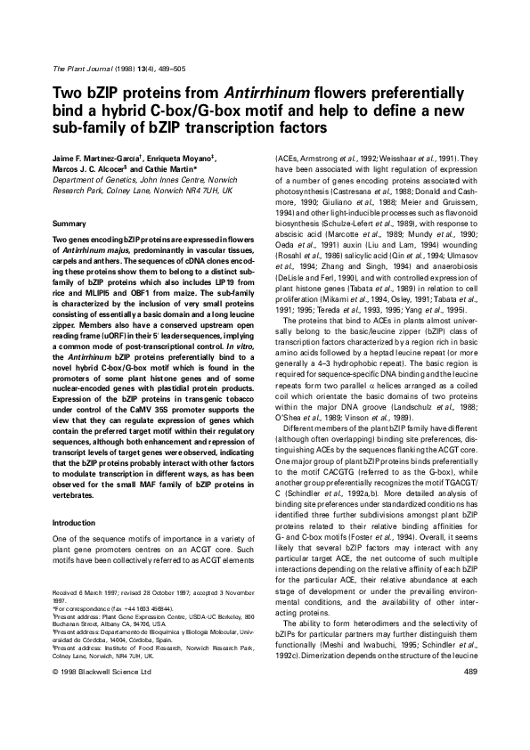 (PDF) Two bZIP proteins from Antirrhinum flowers preferentially bind a ...