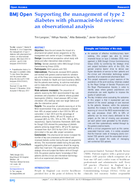 (PDF) Supporting the management of type 2 diabetes with pharmacist-led ...