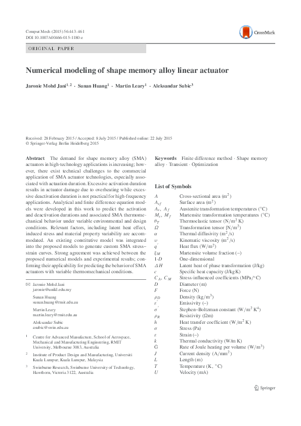 (PDF) Numerical modeling of shape memory alloy linear actuator