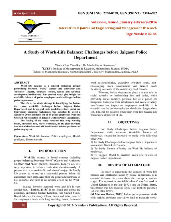 (PDF) A Study of Work-Life Balance; Challenges before Jalgaon Police ...