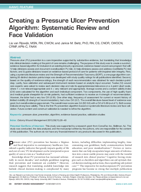(PDF) Creating a pressure ulcer prevention algorithm: systematic review ...