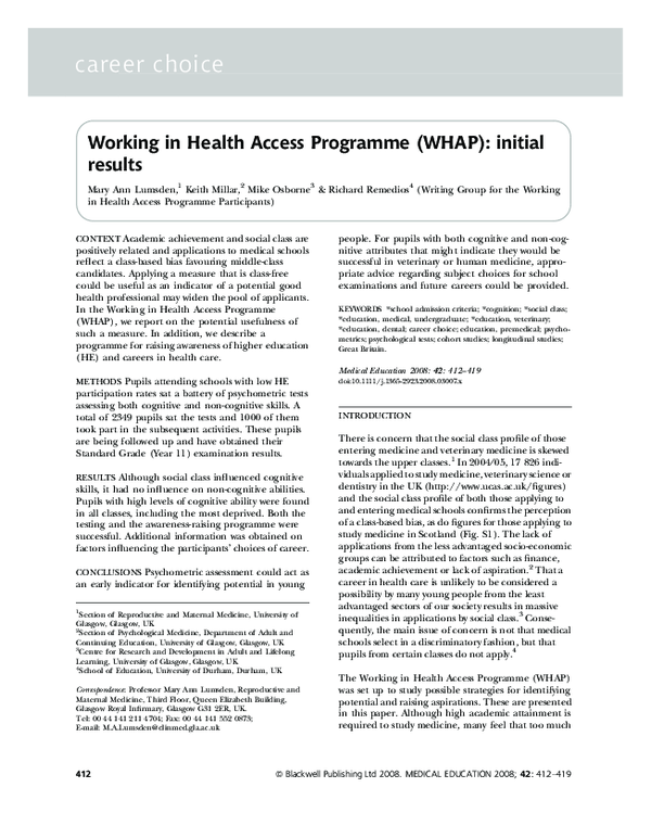 (PDF) Working in Health Access Programme (WHAP): initial results
