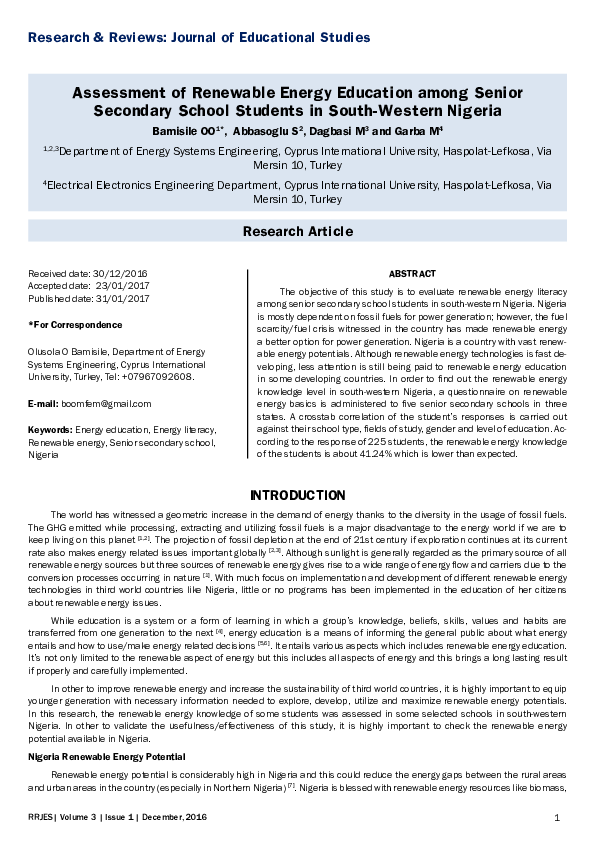 (PDF) Assessment of Renewable Energy Education among Senior Secondary ...