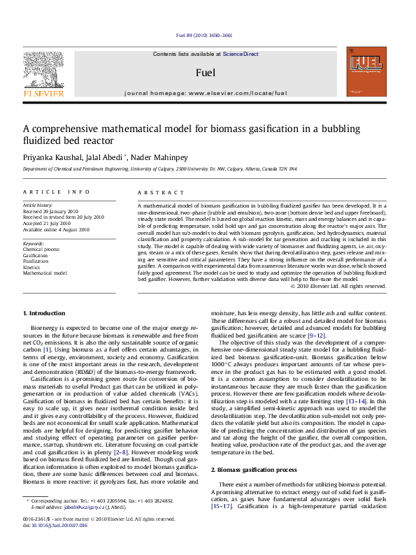 (PDF) A comprehensive mathematical model for biomass gasification in a ...