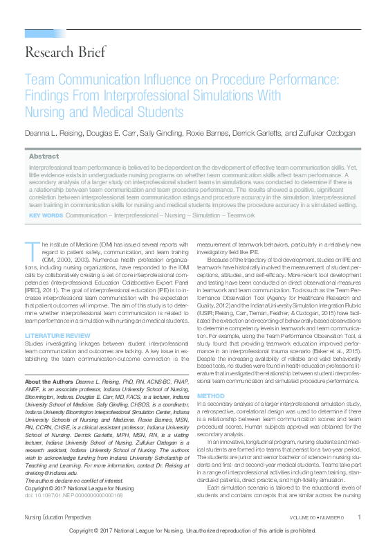 (PDF) Team Communication Influence on Procedure Performance: Findings ...