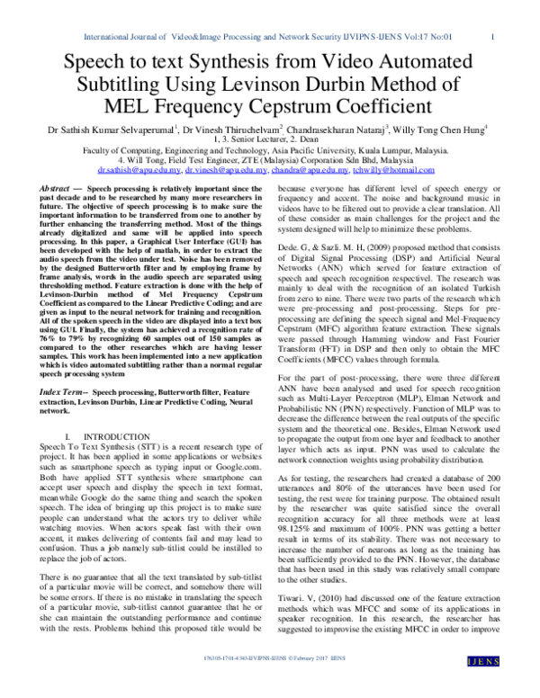 (PDF) Speech to text Synthesis from Video Automated Subtitling Using ...