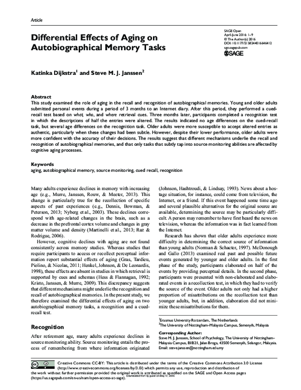 (PDF) Differential effects of aging on autobiographical memory tasks