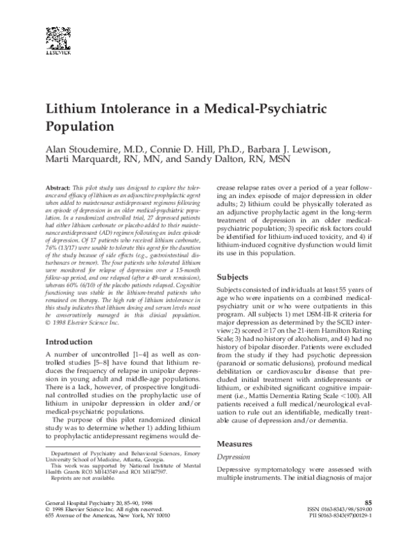 (PDF) Lithium Intolerance in a MedicalPsychiatric Population Barbara