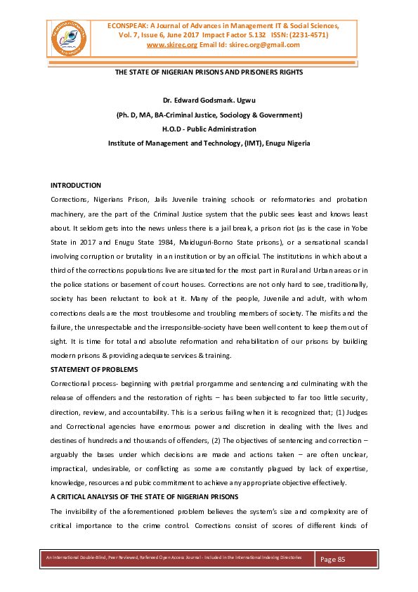 (PDF) THE STATE OF NIGERIAN PRISONS AND PRISONERS RIGHTS SKIREC