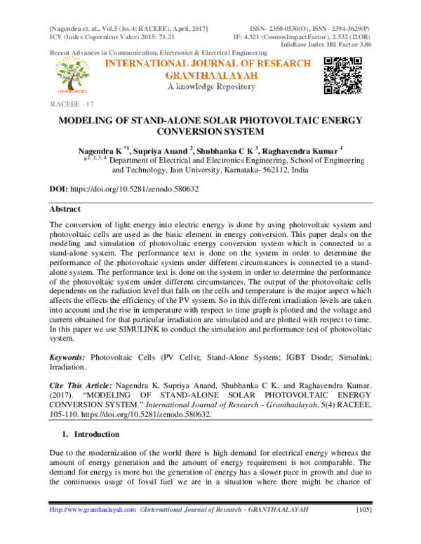 (PDF) MODELING OF STAND ALONE SOLAR PHOTOVOLTAIC ENERGY CONVERSION SYSTEM