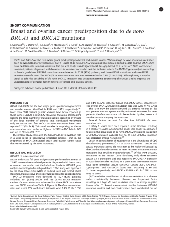 (PDF) Breast and ovarian cancer predisposition due to de novo BRCA1 and ...