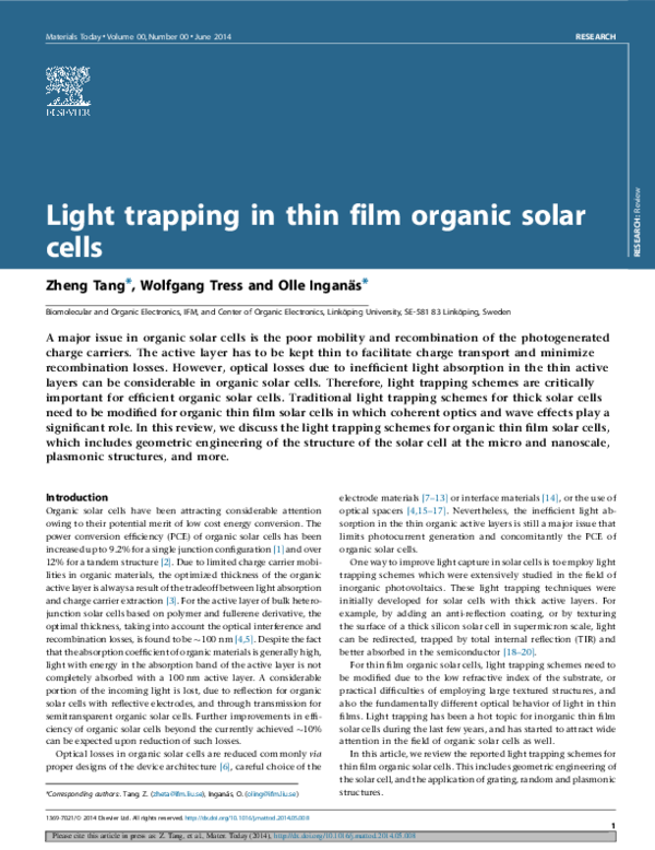 (PDF) Light trapping in thin film organic solar cells