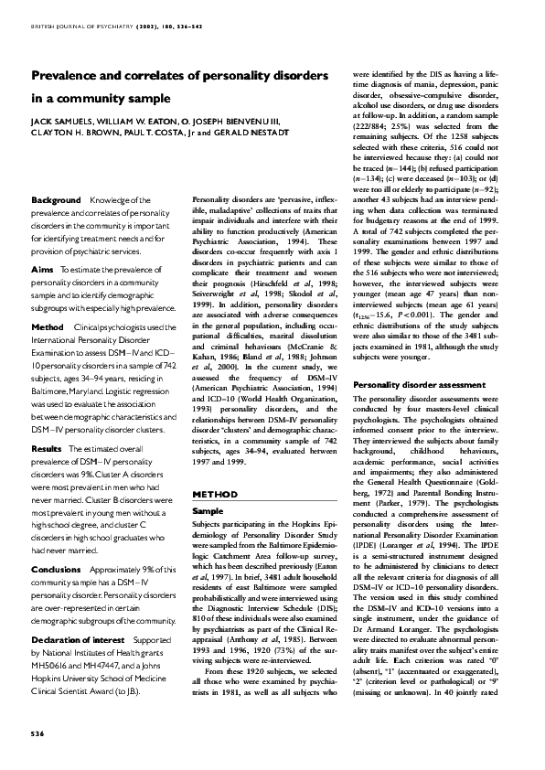 (PDF) Prevalence and correlates of personality disorders in a community ...
