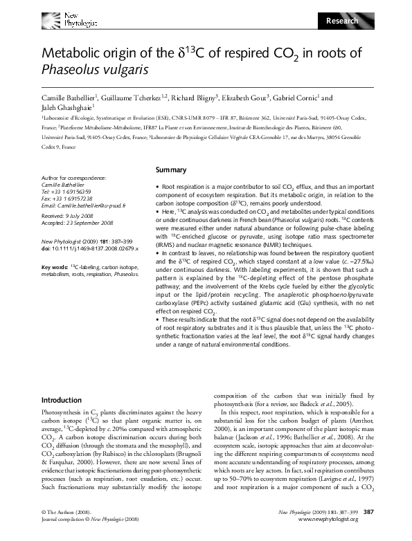 (PDF) Metabolic origin of the δ 13 C of respired CO 2 in roots of ...