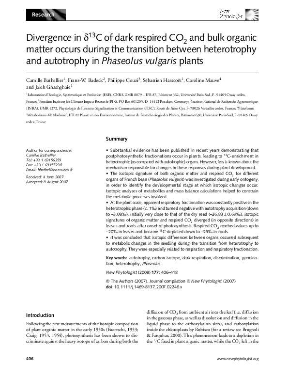 (PDF) Divergence in δ 13 C of dark respired CO 2 and bulk organic ...