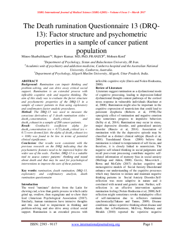 (PDF) The Death rumination Questionnaire 13 (DRQ 13) Factor structure