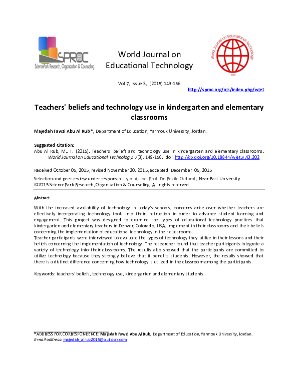 (PDF) Teachers' beliefs and technology use in kindergarten and ...