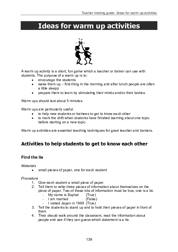 (PDF) Teacher training guide Ideas for warm up activities Ideas for