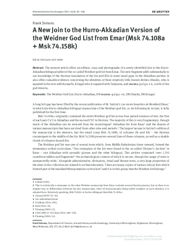 First page of “A New Join to the Hurro Akkadian Version of the Weidner God List from Emar (Msk 74.108a + Msk 74.158k)”