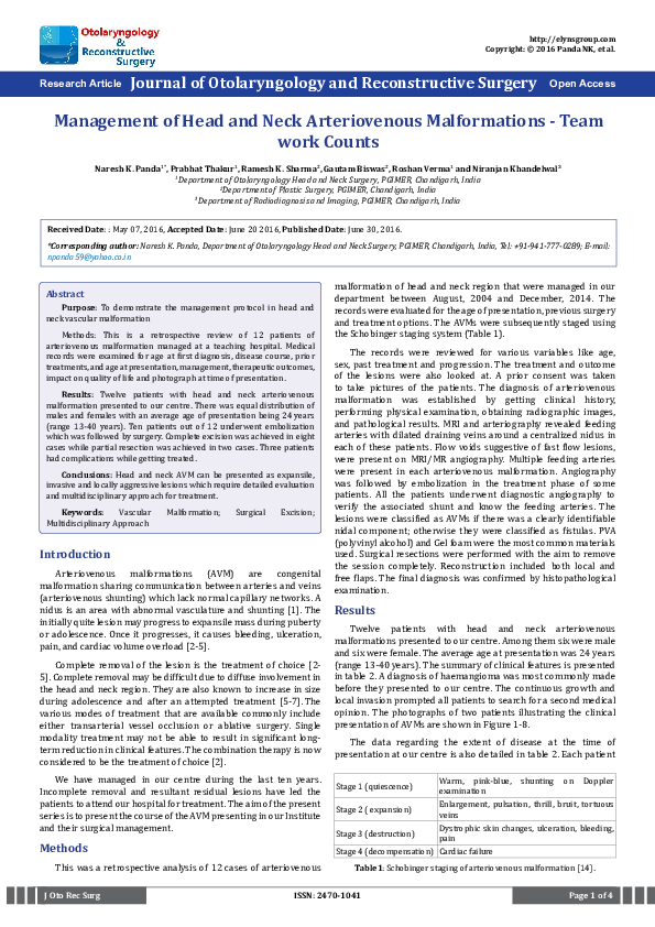(PDF) Management of Head and Neck Arteriovenous Malformations -Team ...