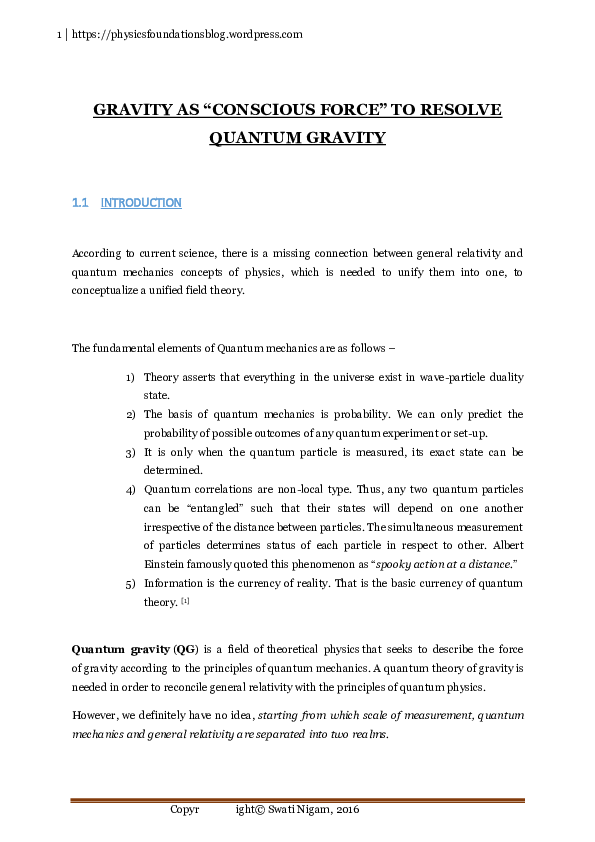 (PDF) GRAVITY AS " CONSCIOUS FORCE " TO RESOLVE QUANTUM GRAVITY